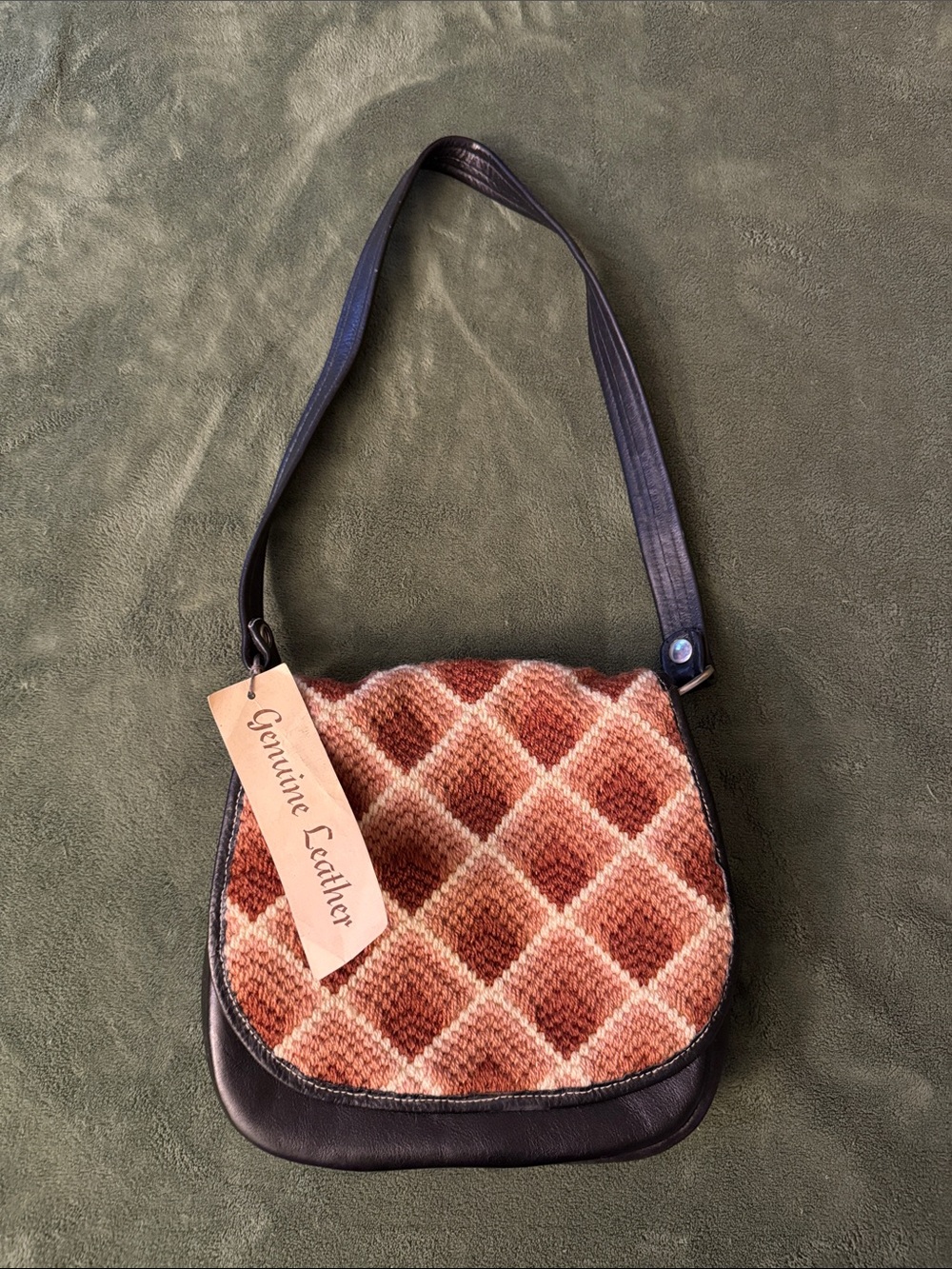 VINTAGE NWT Genuine Leather Brown Diamond-Pattern Shoulder Bag